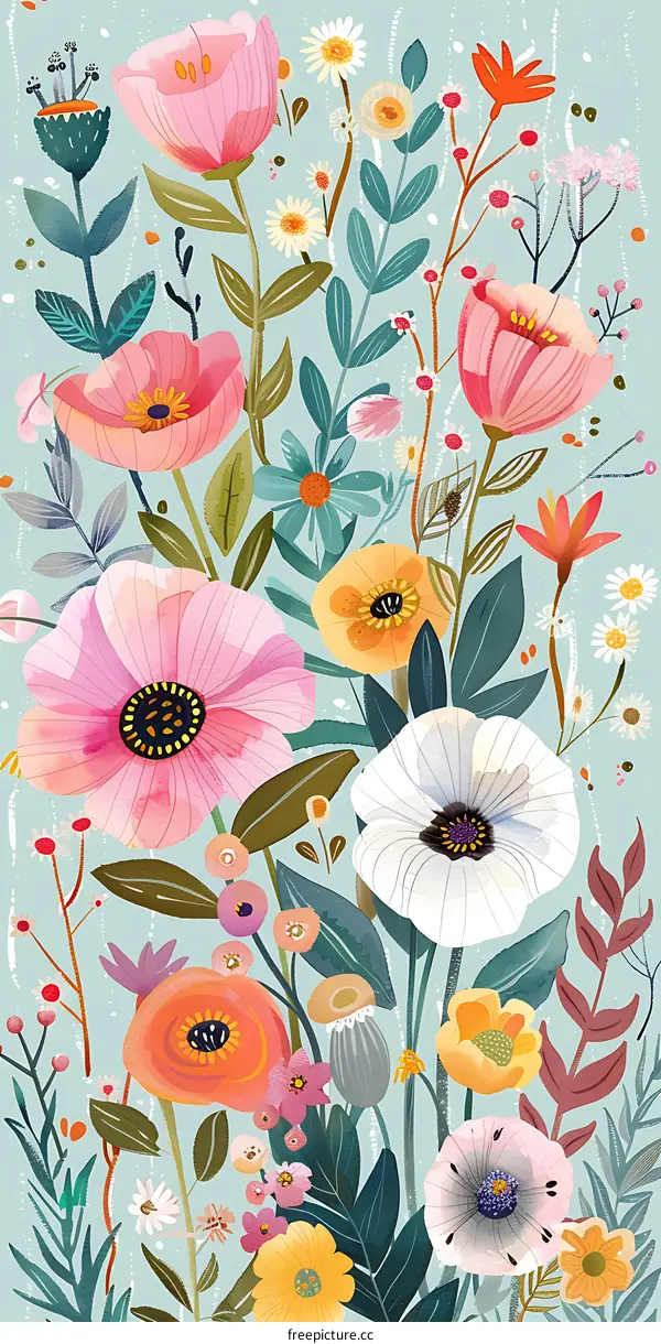 Colorful Floral Illustration with Pink Flowers