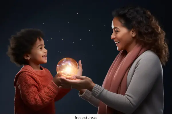 Mother and daughter holding a glowing ball of light in their hands