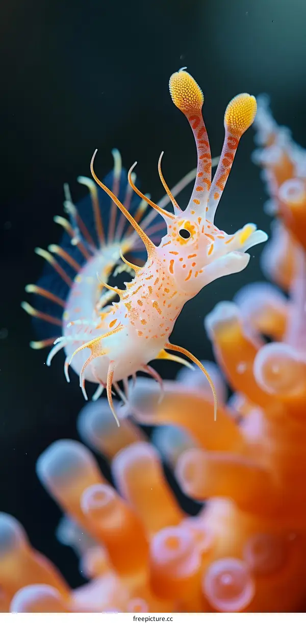 Orange pygmy seahorse on a coral reef
