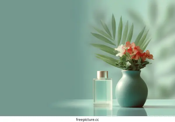 Floral Perfume Still Life in Teal Background