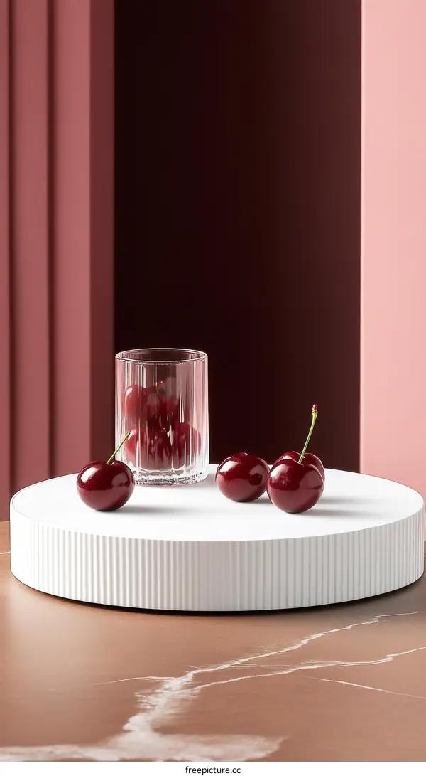 White Round Tray with Cherries and Glass