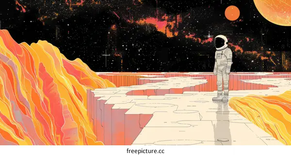 An astronaut in a spacesuit standing on a cliff edge looking out over an alien landscape with a red moon in the sky
