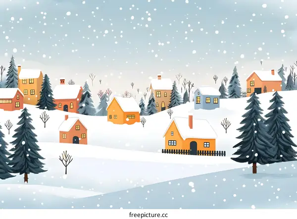 Snowy Winter Village Landscape Illustration