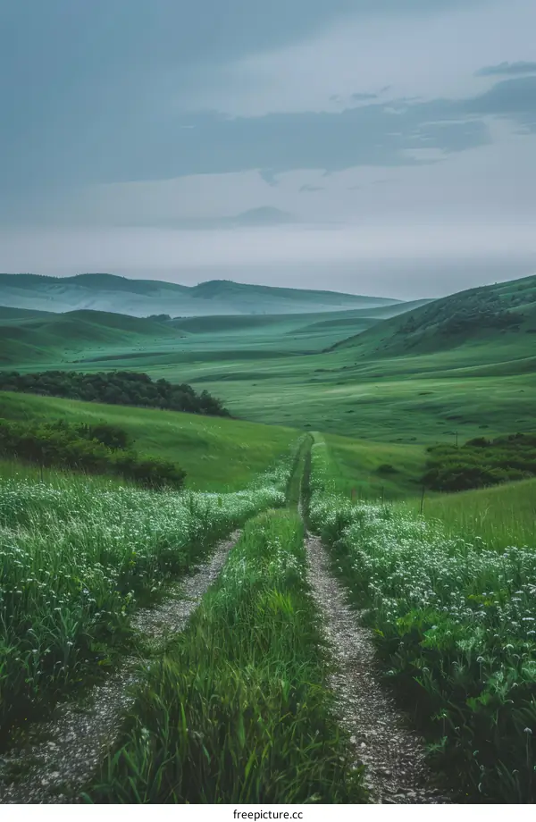 Grassland Path Leading to Distant Hills