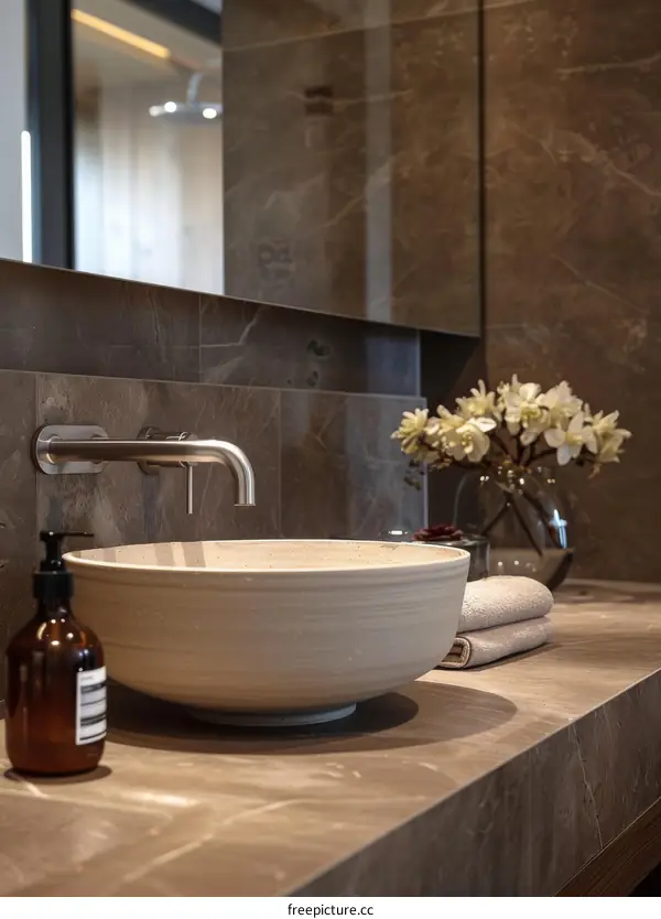 Modern Beige Bathroom Sink with Marble Countertop