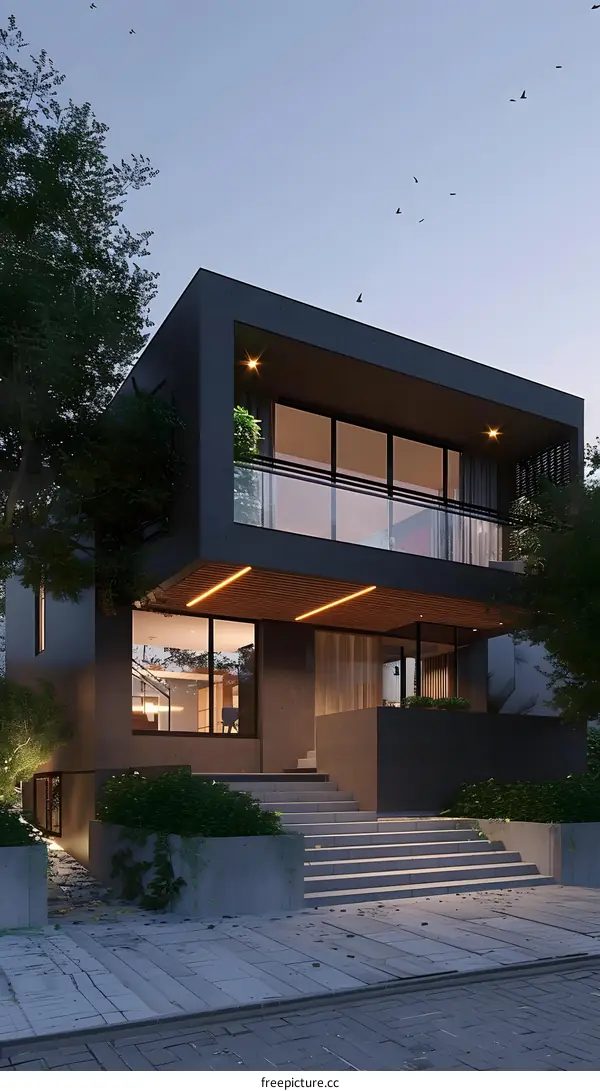 Modern Black House with a Wooden Deck and Stairs