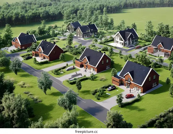 Aerial View of Modern Houses in a Suburb with Green Grass