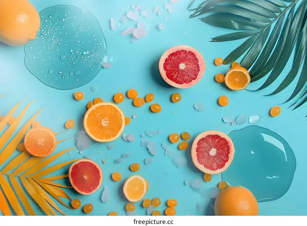 Summer Fruit Background With Palm Leaves