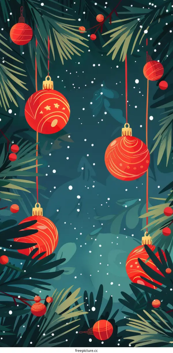 Christmas ornaments hanging from a tree branch with snow falling in the background