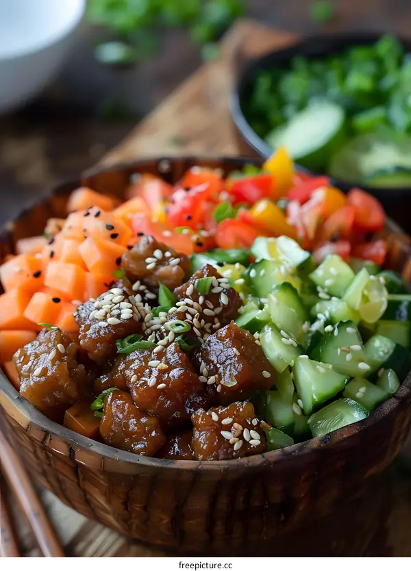 Close Up Of Teriyaki Chicken And Vegetable Salad In Wooden Bowl