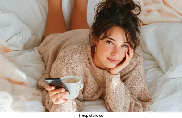 Young Woman Relaxing in Bed with Coffee and Phone