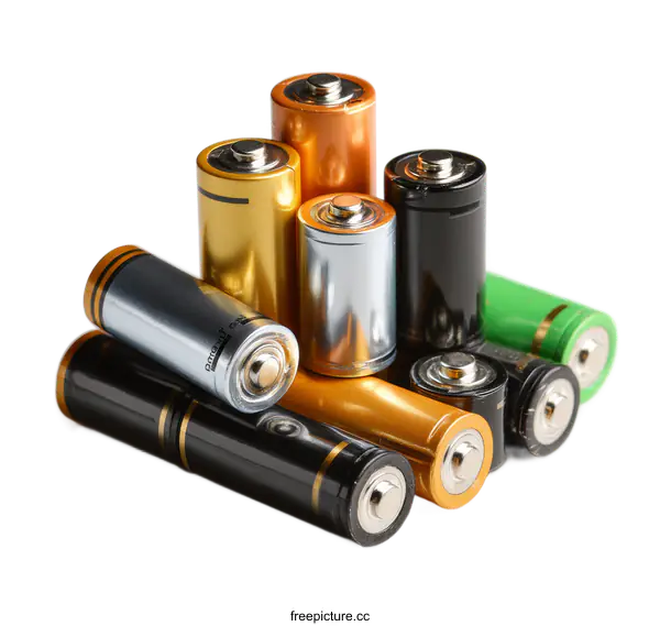 [Transparent Background PNG]Recyclable Batteries Arranged on a White Surface