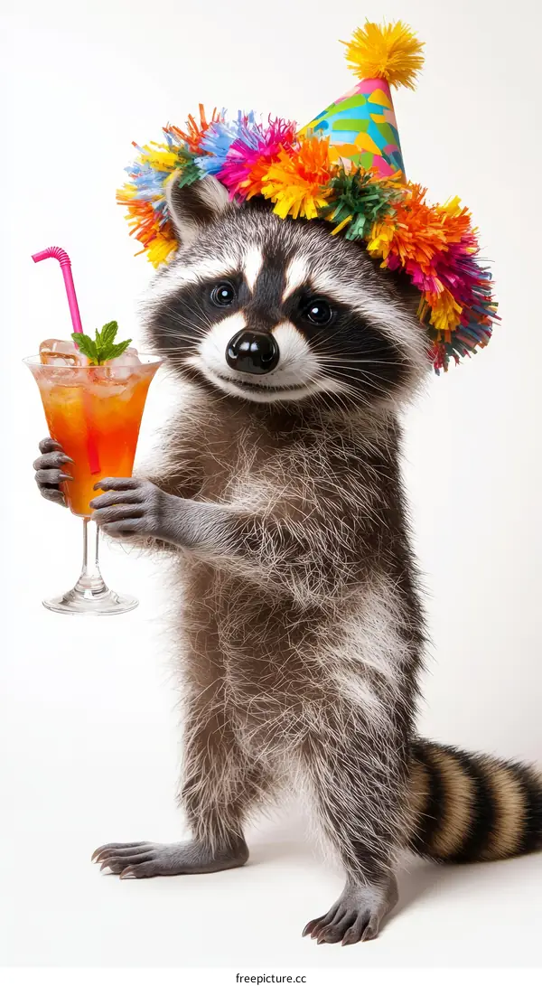 Funny Raccoon with Party Hat Holding Cocktail