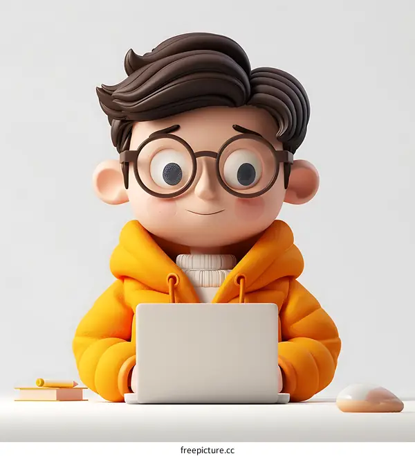 Cartoon Boy Working on Laptop