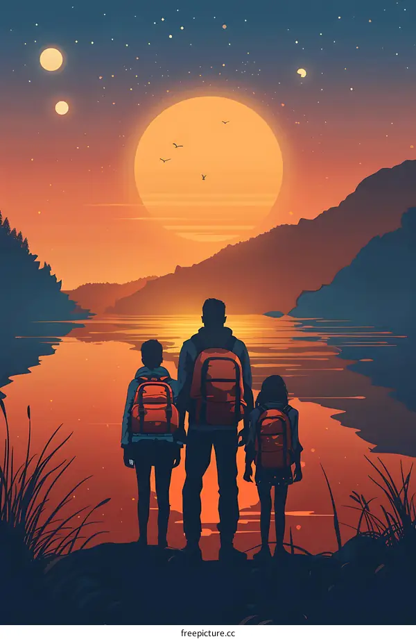 Family Adventure Silhouette with Sunset and Stars