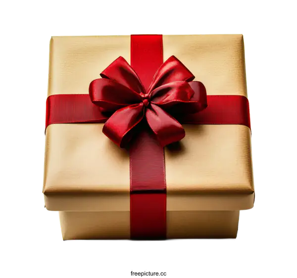 [Transparent Background PNG]Luxury Gold Gift Box with Red Ribbon