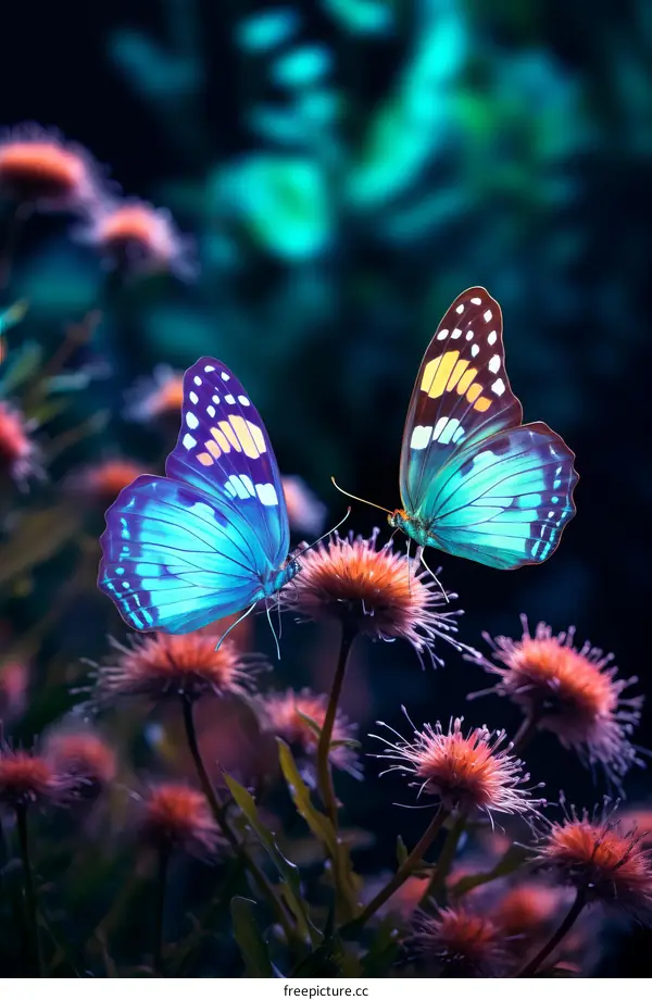 Two Green and Blue Butterflies Fluttering Over a Thistle Flower