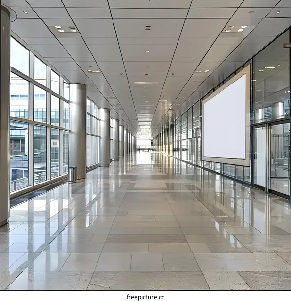 Modern Office Building Hallway With Large Empty Billboard