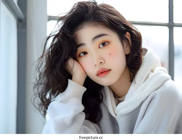 Portrait of a Beautiful Young Asian Woman with Long Black Hair