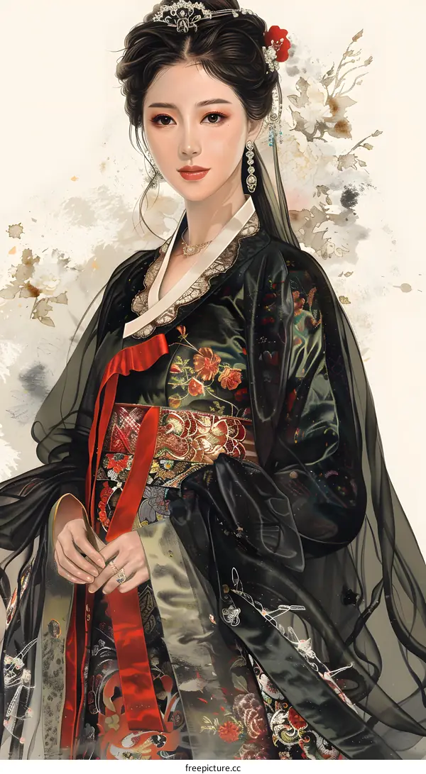 Beautiful Woman in Traditional Korean Hanbok Dress