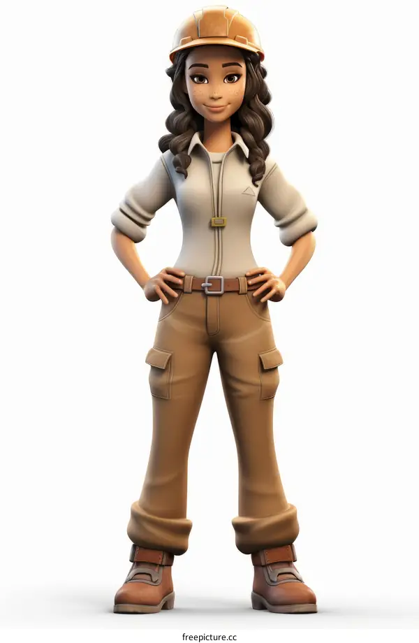 A female archaeologist wearing a hard hat and khaki outfit