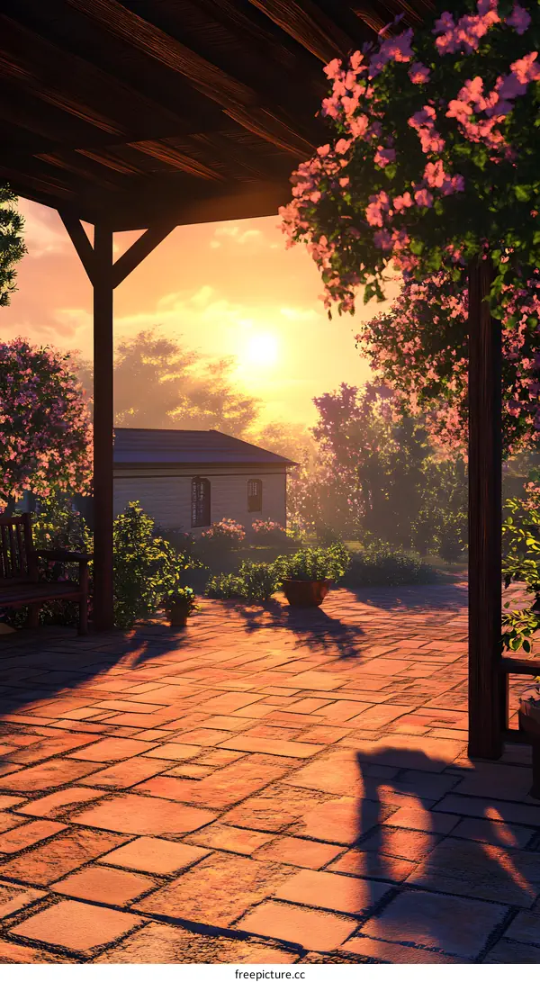 Sunset View From A Patio With Flowers