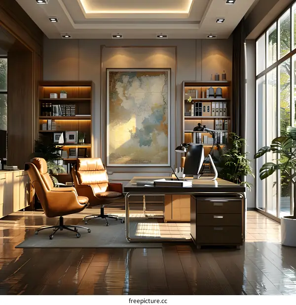 Modern office interior with two brown leather chairs, a desk, and a large world map on the wall