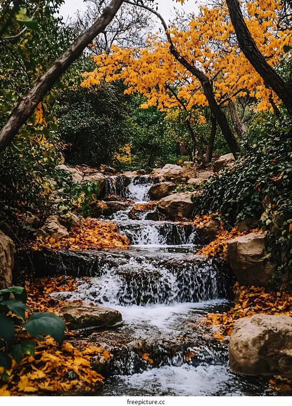 Small Waterfall in the Forest with Autumn Leaves