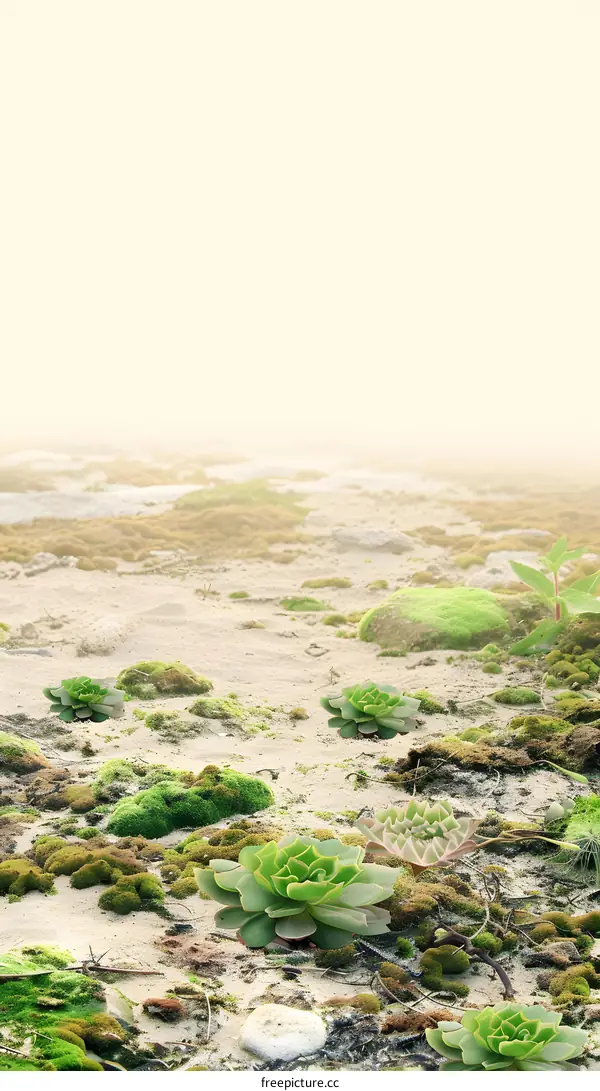 Green Succulents on a Sandy Beach Background