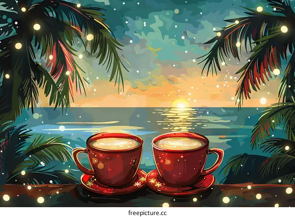 Delightful Sunset Beach Coffee with Two Red Mugs
