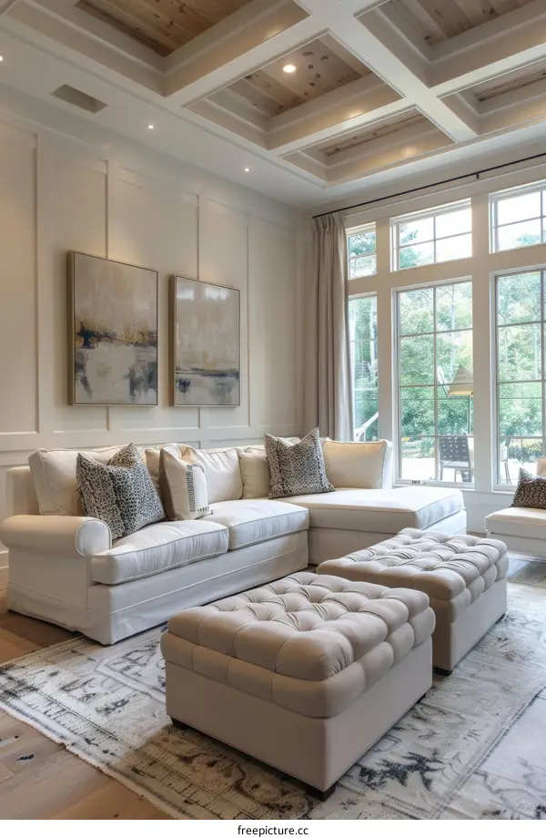 Elegant Living Room with High Ceilings and Large Windows