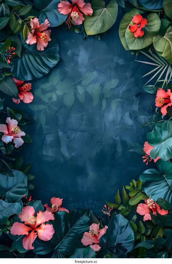 Tropical Flowers and Green Leaves on a Dark Blue Background