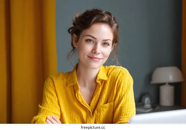Smiling Woman in a Yellow Shirt Indoor Portrait