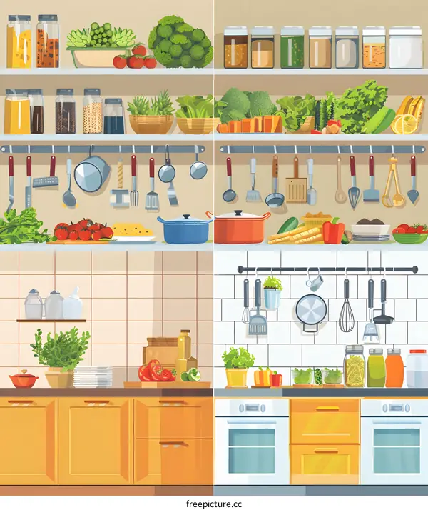 Kitchen Interior Design with Colorful Cabinets and Utensils