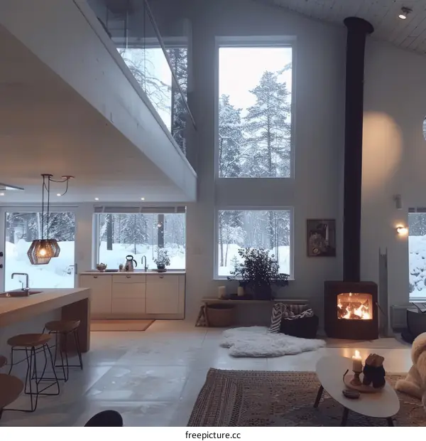 Snowy Cabin Interior with Large Windows in Winter