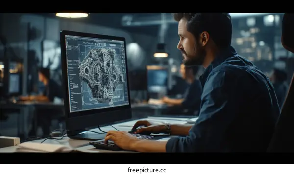 Male software engineer using computer aided design software to create 3D model