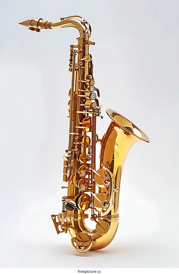 Close-up image of a shiny gold alto saxophone