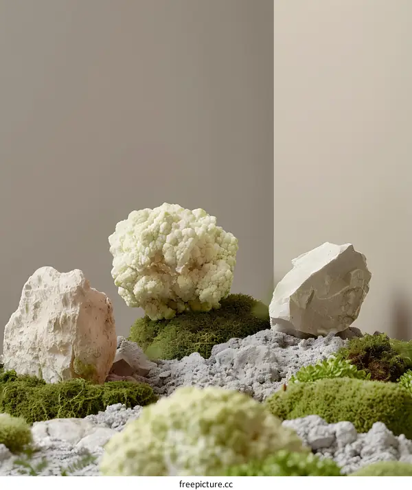 Cauliflower and Rocks on Moss Background