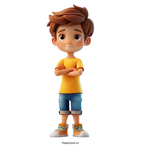 [Transparent Background PNG]A 3D illustration of a boy with brown hair and freckles wearing a yellow shirt and blue shorts.