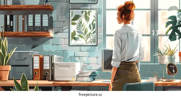 A woman standing in an office looking out the window