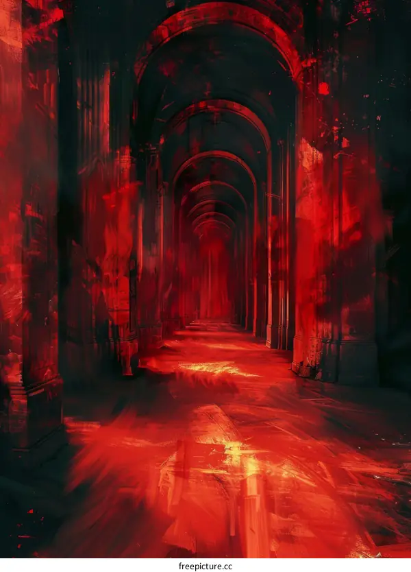 Gothic Corridor in Crimson