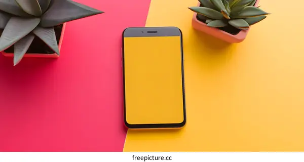 Modern Smartphone with Succulents on a Pink and Yellow Background