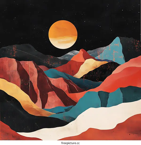 Abstract Mountain Range With Full Moon In Night Sky