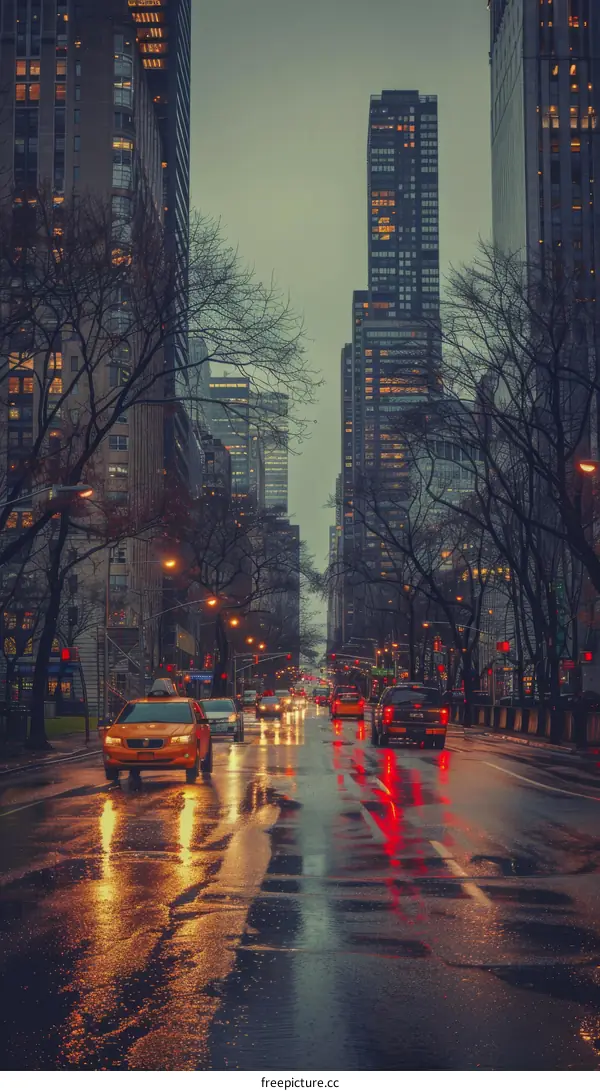 City Street with Traffic and Lights in the Rain