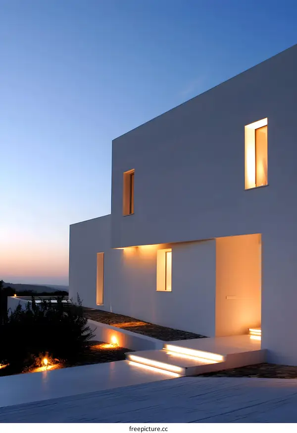 Modern White House with Illuminated Entrance and Landscape