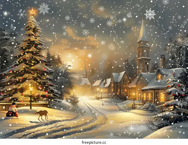 Snowy Christmas Eve Street Scene with Winter Wonderland and Holiday Lights