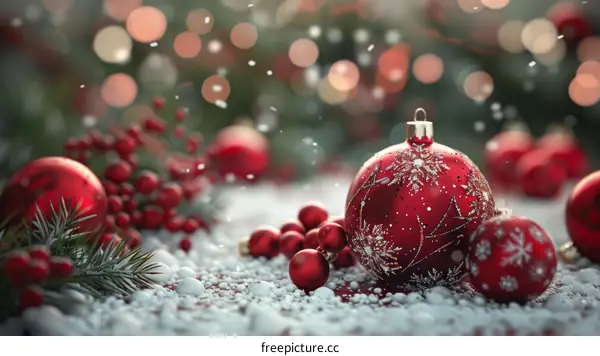 Christmas Decorations with Red Ornaments and Snowflakes