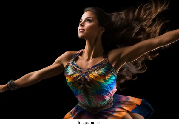 Portrait of a young woman with long brown hair and colorful dress