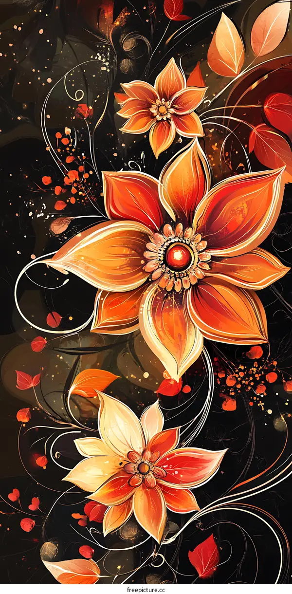 Floral Abstract Artwork with Orange And Red Flowers