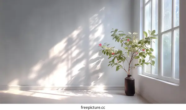 Sunlight Shadows in a Minimalist Interior with a Plant